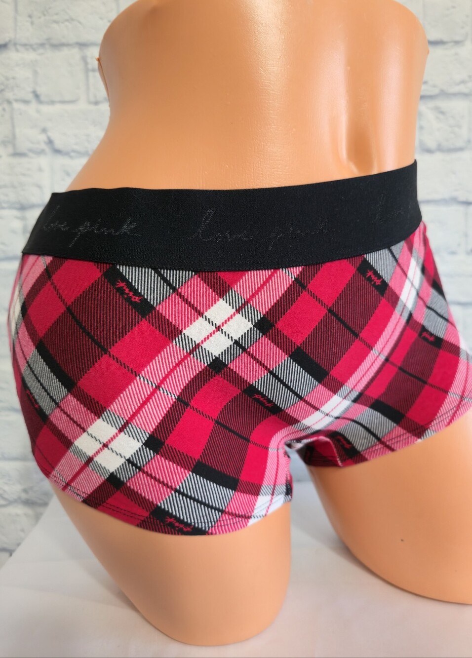 PINK Victoria's Secret Black Red Plaid Logo Boyshort Panty Large NEW
